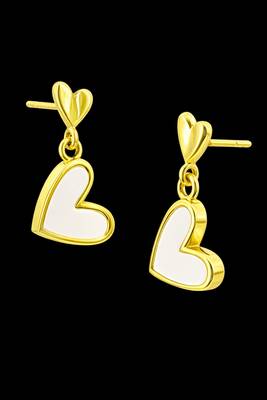 Gold-tone double heart drop earrings, white enamel pendant, stud back, dangle style 3