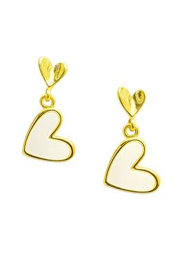 Gold-tone double heart drop earrings, white enamel pendant, stud back, dangle style 4
