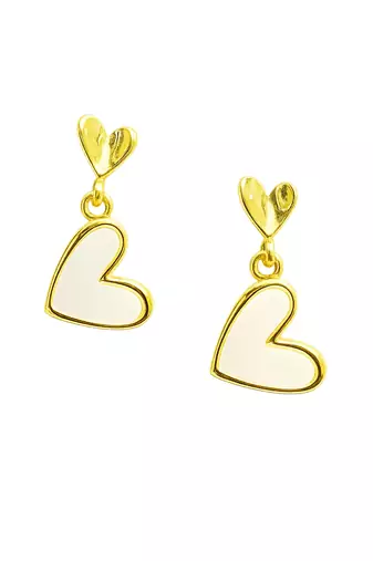 Gold-tone double heart drop earrings, white enamel pendant, stud back, dangle style