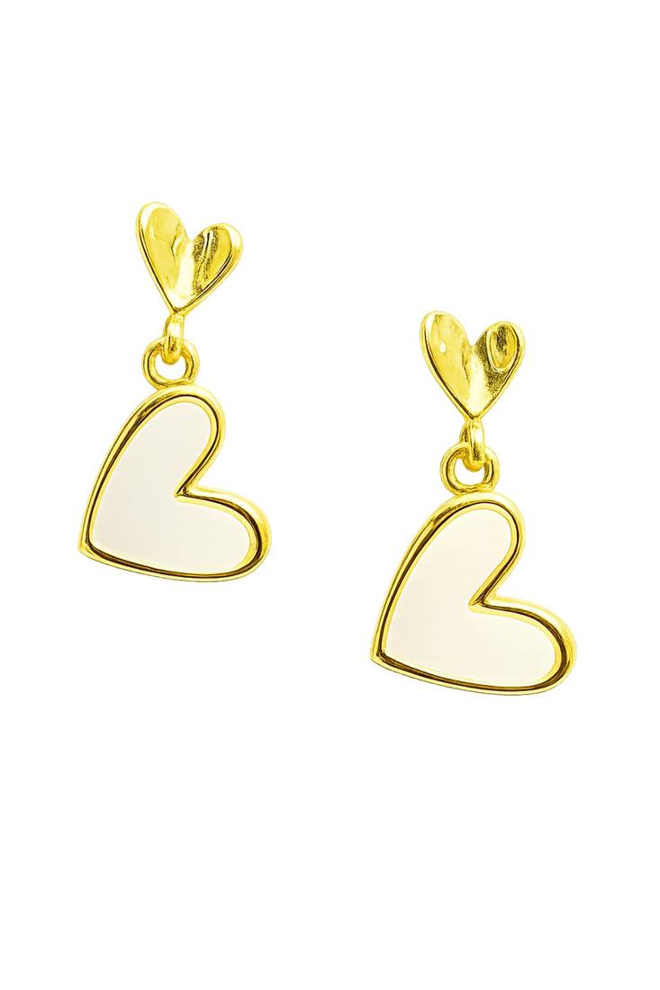 Gold-tone double heart drop earrings, white enamel pendant, stud back, dangle style