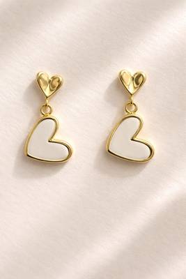 Gold-tone double heart drop earrings, white enamel pendant, stud back, dangle style 5