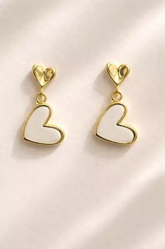 Gold-tone double heart drop earrings, white enamel pendant, stud back, dangle style