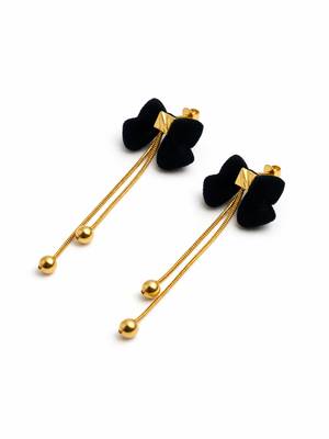 Black velvet bow stud earrings with gold chain tassel drop and ball ends, elegant dangle style 1