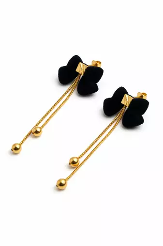Black velvet bow stud earrings with gold chain tassel drop and ball ends, elegant dangle style