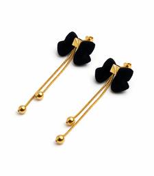 Black velvet bow stud earrings with gold chain tassel drop and ball ends, elegant dangle style