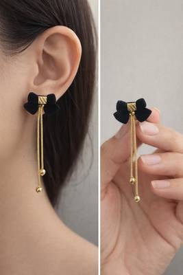 Black velvet bow stud earrings with gold chain tassel drop and ball ends, elegant dangle style 2