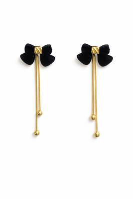 Black velvet bow stud earrings with gold chain tassel drop and ball ends, elegant dangle style 3