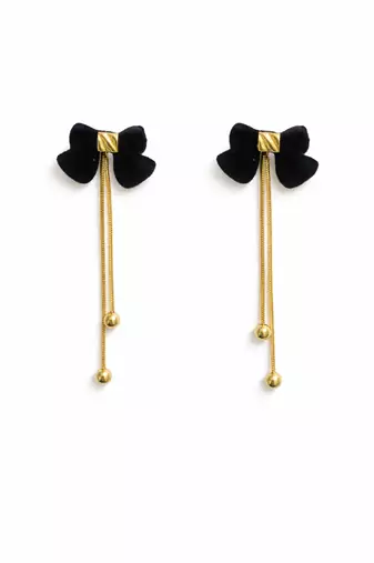 Black velvet bow stud earrings with gold chain tassel drop and ball ends, elegant dangle style