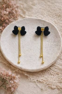 Black velvet bow stud earrings with gold chain tassel drop and ball ends, elegant dangle style 4