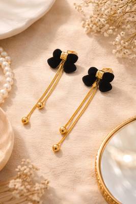 Black velvet bow stud earrings with gold chain tassel drop and ball ends, elegant dangle style 5