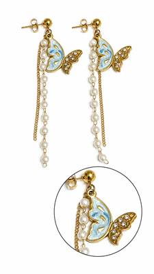 Blue enamel butterfly drop earrings with pearl chain tassel and crystal embellishments, gold-tone stud 3