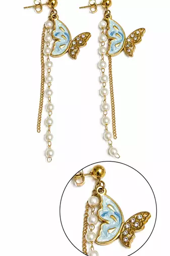 Blue enamel butterfly drop earrings with pearl chain tassel and crystal embellishments, gold-tone stud