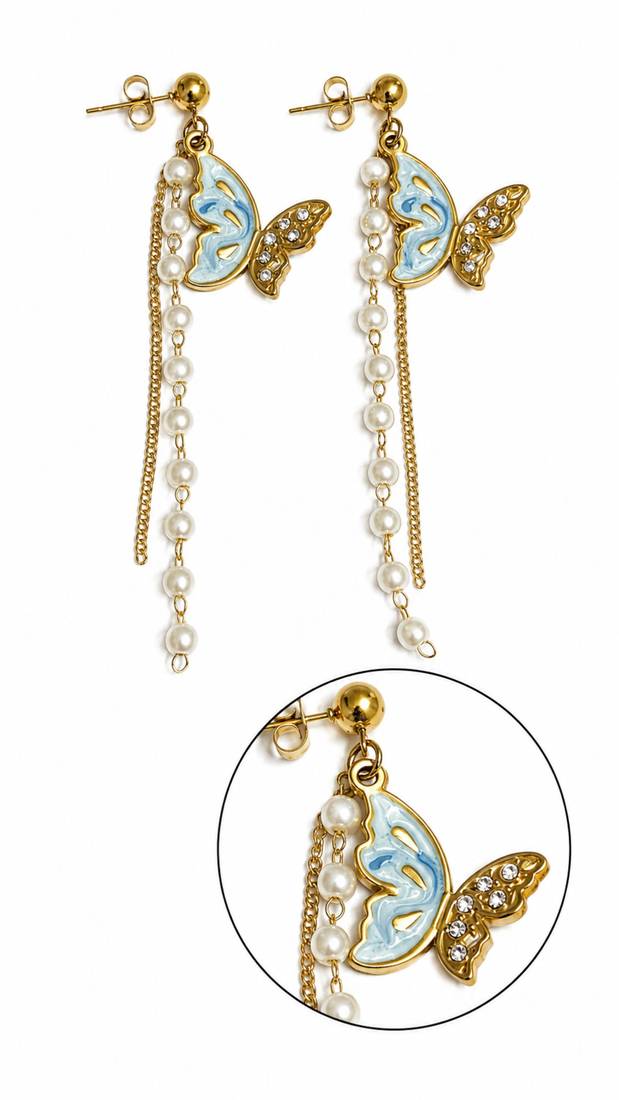 Blue enamel butterfly drop earrings with pearl chain tassel and crystal embellishments, gold-tone stud