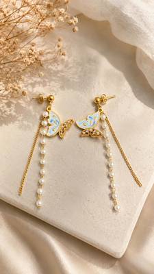 Blue enamel butterfly drop earrings with pearl chain tassel and crystal embellishments, gold-tone stud 4