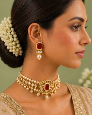 Pearl Choker Necklace Set for Women | Bridal Jewellery Set with Earrings | Red  1