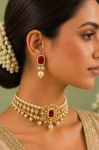 Pearl Choker Necklace Set for Women | Bridal Jewellery Set with Earrings | Red 