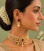 Pearl Choker Necklace Set for Women | Bridal Jewellery Set with Earrings | Red 
