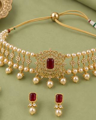 Pearl Choker Necklace Set for Women | Bridal Jewellery Set with Earrings | Red  2