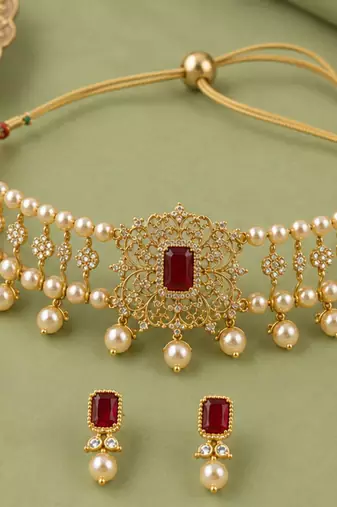 Pearl Choker Necklace Set for Women | Bridal Jewellery Set with Earrings | Red 