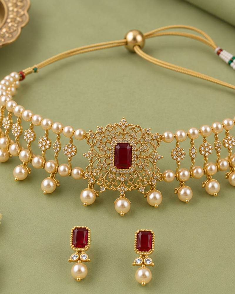 Pearl Choker Necklace Set for Women | Bridal Jewellery Set with Earrings | Red 