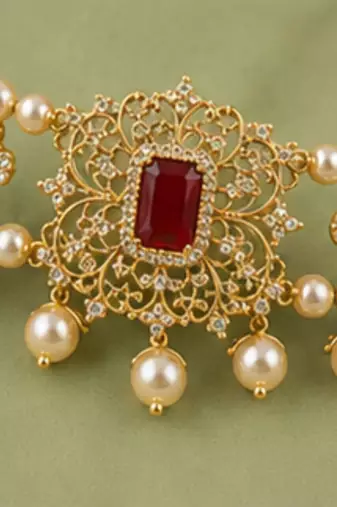 Pearl Choker Necklace Set for Women | Bridal Jewellery Set with Earrings | Red 