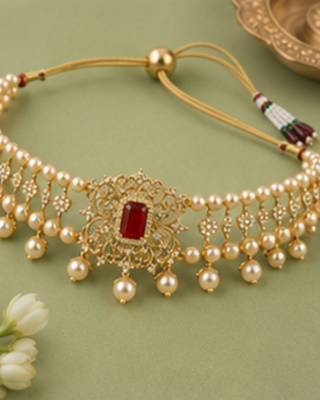 Pearl Choker Necklace Set for Women | Bridal Jewellery Set with Earrings | Red  5
