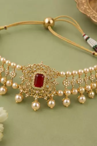 Pearl Choker Necklace Set for Women | Bridal Jewellery Set with Earrings | Red 