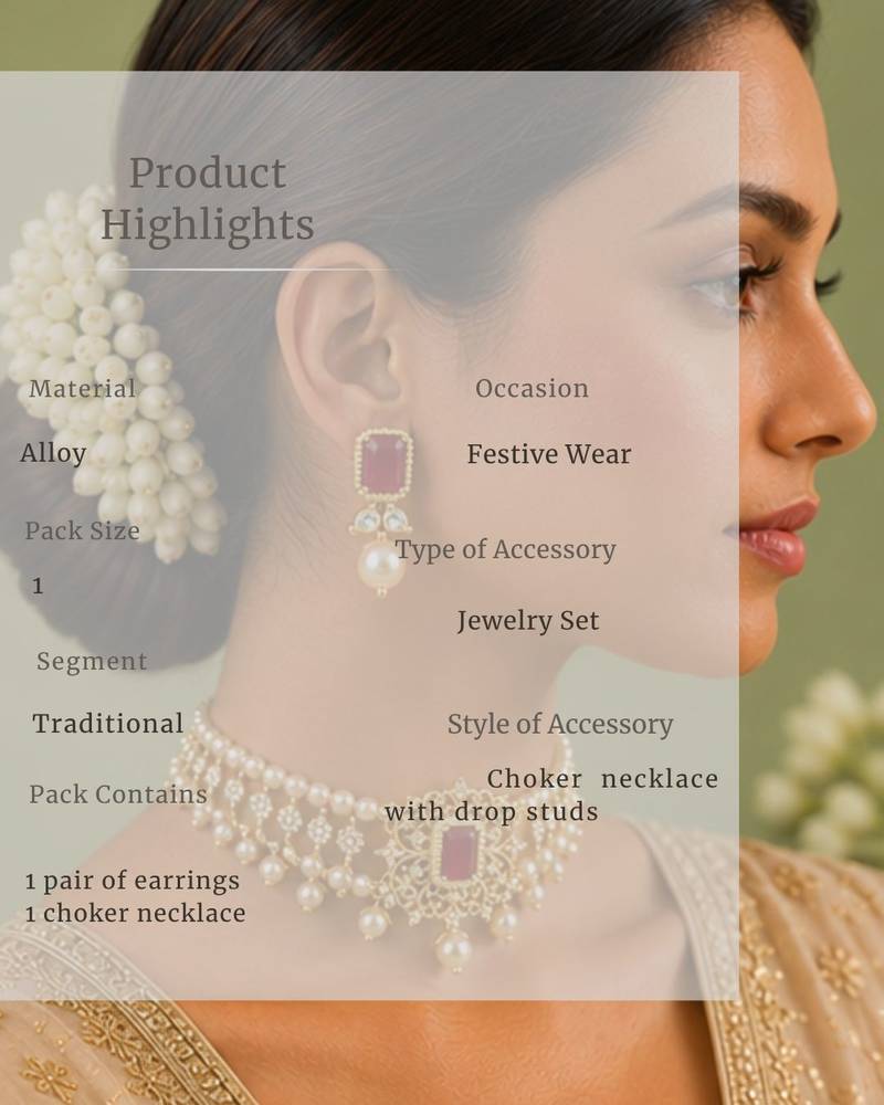 Pearl Choker Necklace Set for Women | Bridal Jewellery Set with Earrings | Red 