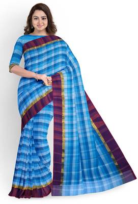 Sky blue checked cotton blend saree with purple border 1