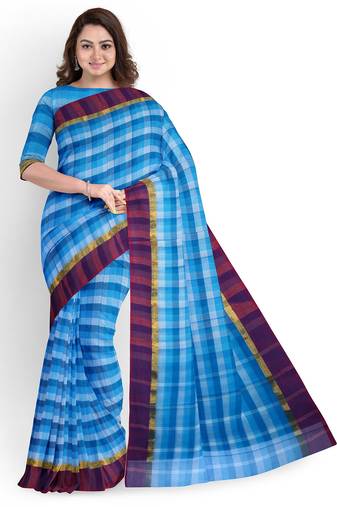 Sky blue checked cotton blend saree with purple border