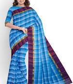Sky blue checked cotton blend saree with purple border