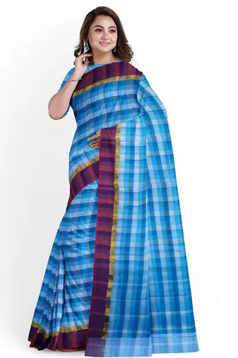 Sky blue checked cotton blend saree with purple border