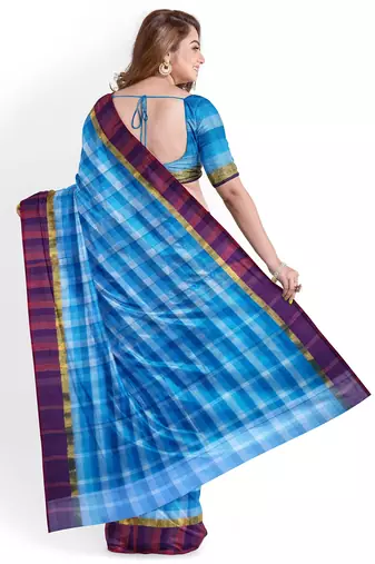 Sky blue checked cotton blend saree with purple border