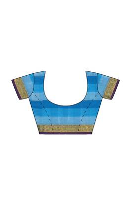 Sky blue checked cotton blend saree with purple border 5