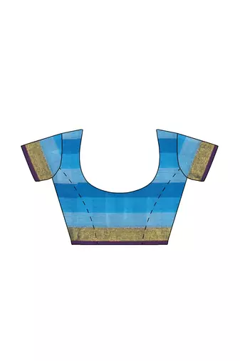 Sky blue checked cotton blend saree with purple border