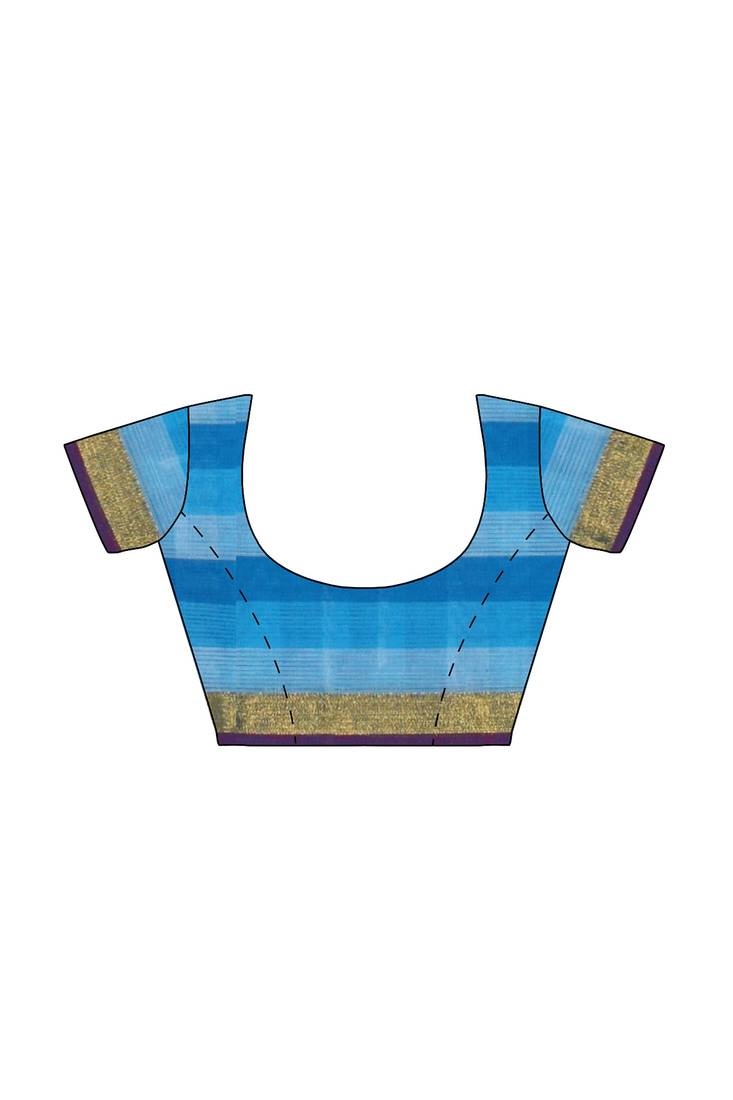 Sky blue checked cotton blend saree with purple border