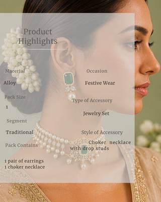 Pearl Choker Necklace Set for Women | Bridal Jewellery Set with Earrings | Green  6