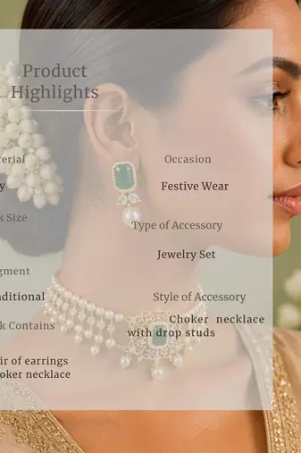 Pearl Choker Necklace Set for Women | Bridal Jewellery Set with Earrings | Green 