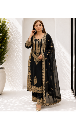 Black Heavy Sequence Embroidered Kurta Palazzo and Dupatta 3pc set 1