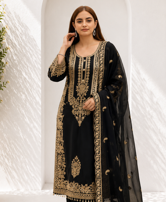 Black Heavy Sequence Embroidered Kurta Palazzo and Dupatta 3pc set