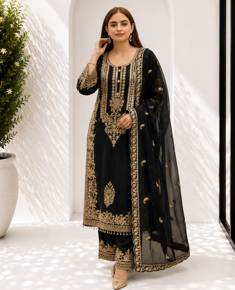 Black Heavy Sequence Embroidered Kurta Palazzo and Dupatta 3pc set