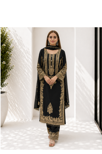 Black Heavy Sequence Embroidered Kurta Palazzo and Dupatta 3pc set 2