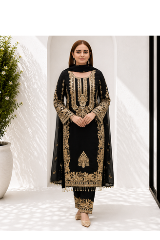 Black Heavy Sequence Embroidered Kurta Palazzo and Dupatta 3pc set 3