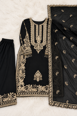 Black Heavy Sequence Embroidered Kurta Palazzo and Dupatta 3pc set 4