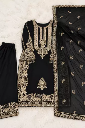 Black Heavy Sequence Embroidered Kurta Palazzo and Dupatta 3pc set