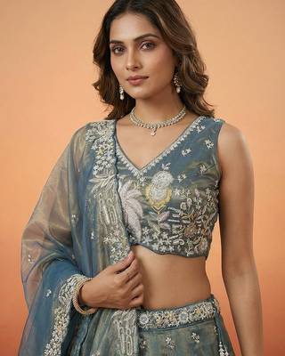 Women's Peacock Blue Tissue Moti with Embroidered Lehenga Choli with Dupatta 2