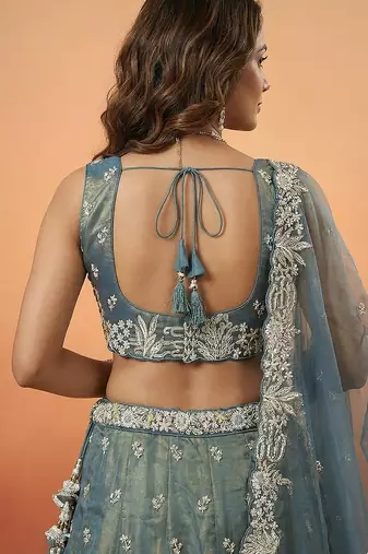 Women's Peacock Blue Tissue Moti with Embroidered Lehenga Choli with Dupatta