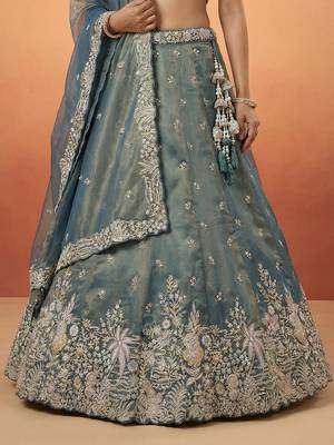 Women's Peacock Blue Tissue Moti with Embroidered Lehenga Choli with Dupatta 4