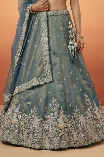 Women's Peacock Blue Tissue Moti with Embroidered Lehenga Choli with Dupatta