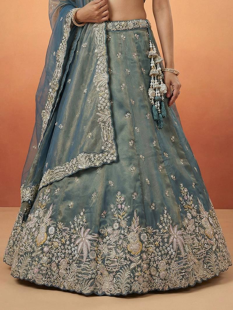 Women's Peacock Blue Tissue Moti with Embroidered Lehenga Choli with Dupatta